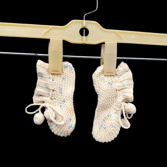 Vintage Hand Knit Baby Dress & Booties Set Off White Crochet Edges Pom Poms - Picture 2 of 10